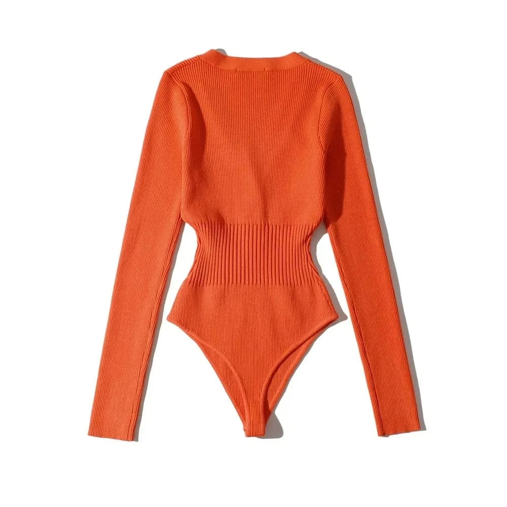 2023 New Wholesale V-Neck Long-Sleeve Waist Slim Fit Fashion One Piece Women Thong Bodysuit