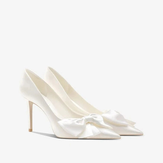 2023 Spring Summer Wedding Shoes White Bowknot High Heels Women's Wedding Shoes Pointed Stiletto Heel Bridal Shoes Pumps