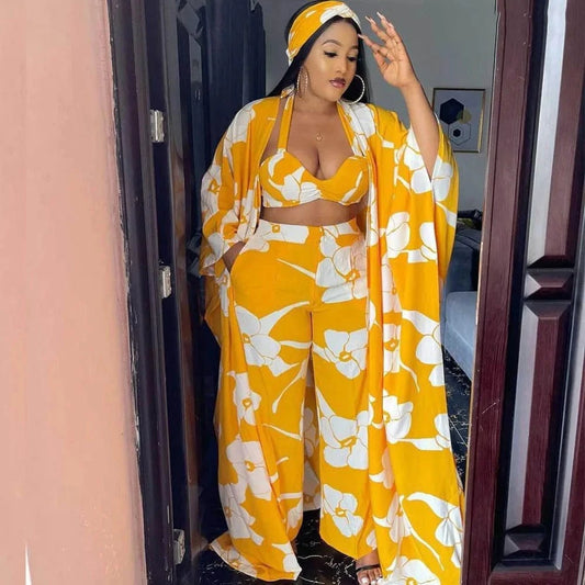 2023 Summer Floral Print 4 Piece Set Women Tops Plus Size Women's Sets Women Pants 4 Piece Sets Kimono