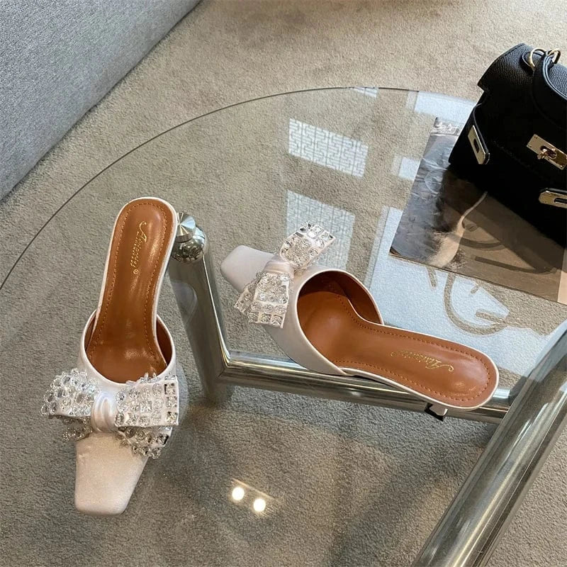 2023 Summer New European and American Women's Muller Square Buckle Pointed Diamond Satin Bowknot Stiletto Shoes