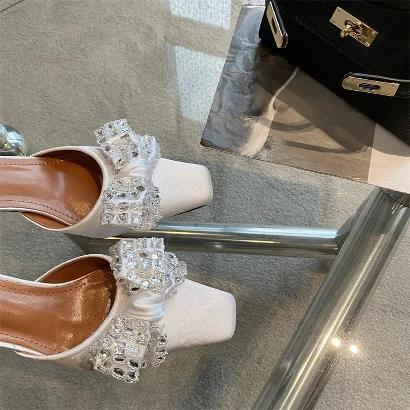 2023 Summer New European and American Women's Muller Square Buckle Pointed Diamond Satin Bowknot Stiletto Shoes