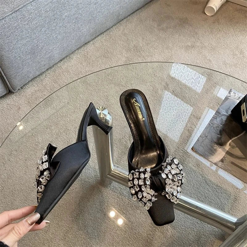 2023 Summer New European and American Women's Muller Square Buckle Pointed Diamond Satin Bowknot Stiletto Shoes