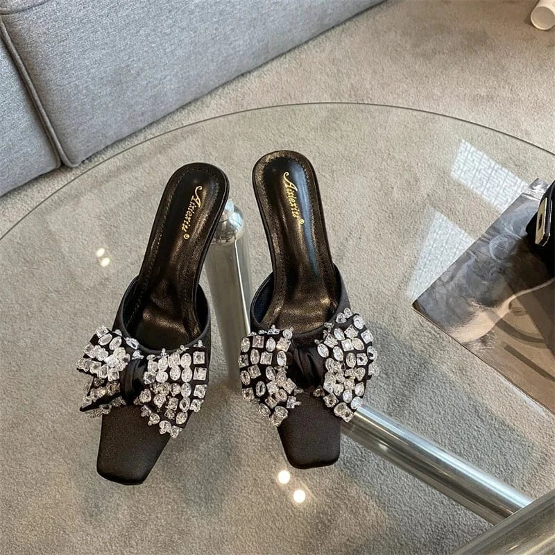 2023 Summer New European and American Women's Muller Square Buckle Pointed Diamond Satin Bowknot Stiletto Shoes