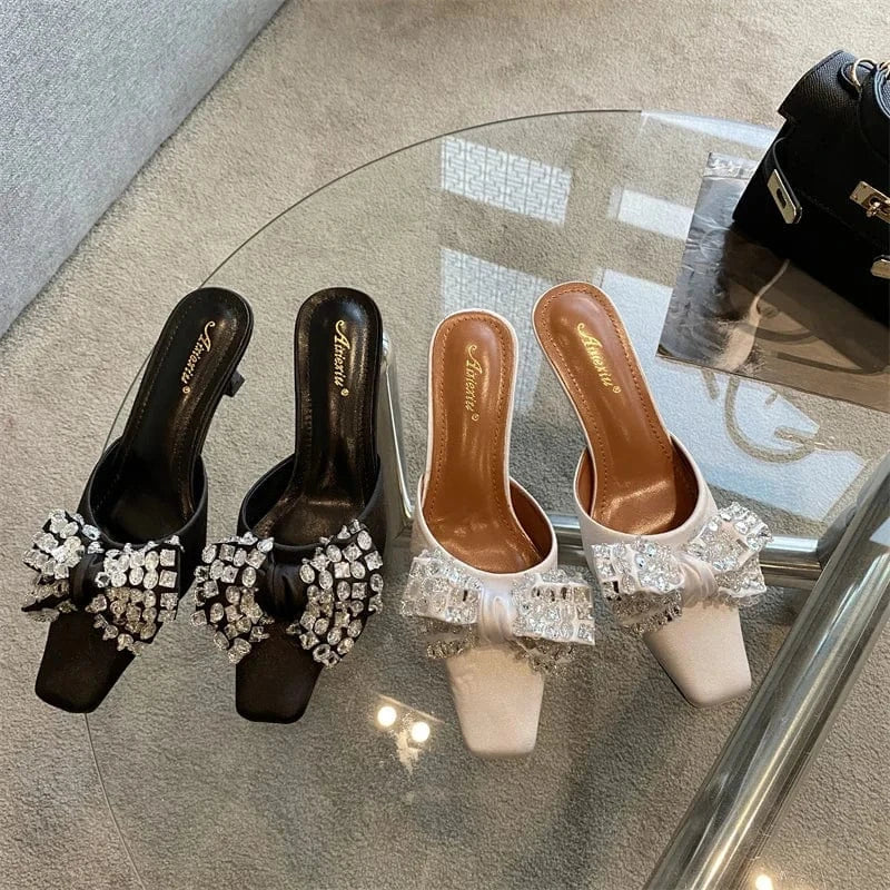 2023 Summer New European and American Women's Muller Square Buckle Pointed Diamond Satin Bowknot Stiletto Shoes