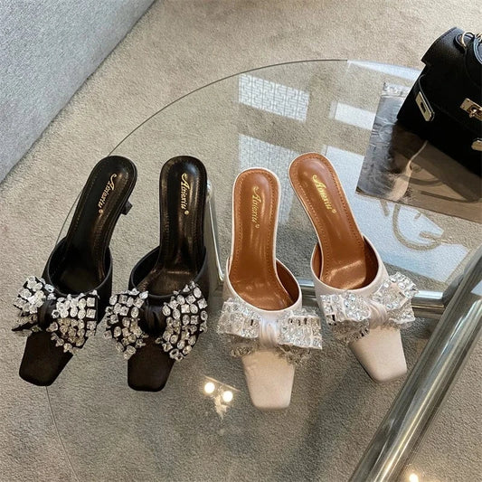 2023 Summer New European and American Women's Muller Square Buckle Pointed Diamond Satin Bowknot Stiletto Shoes