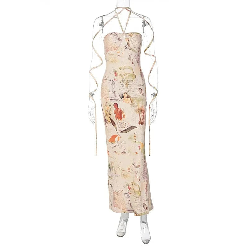2023 Summer New Women's Fashion Printing Dresses Halter Slim Long Dress