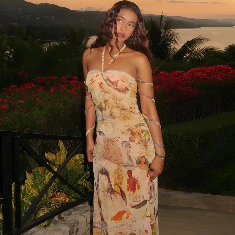 2023 Summer New Women's Fashion Printing Dresses Halter Slim Long Dress