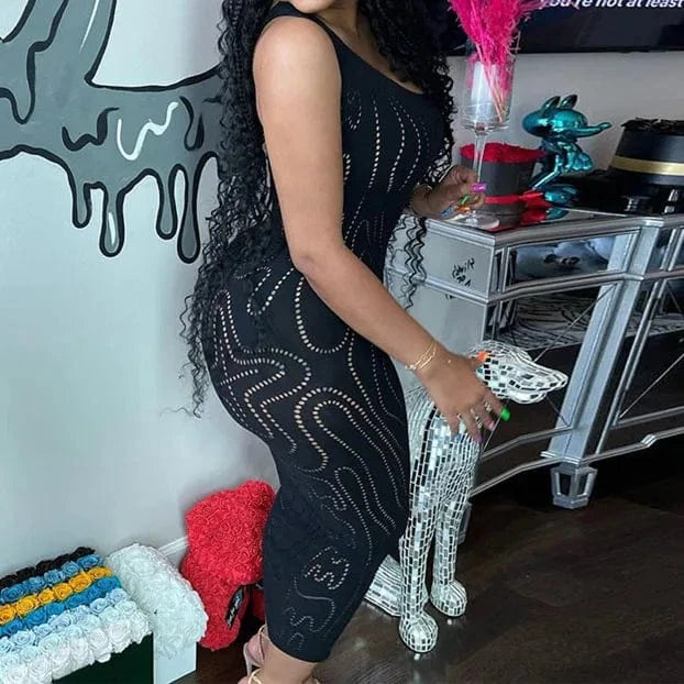 2023 Summer Women Long Dress Elegant One Shoulder Sexy Hollow Out Bodycon Lady Bodycon Black Dress