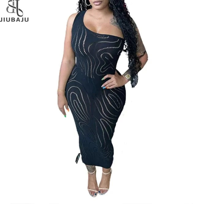 2023 Summer Women Long Dress Elegant One Shoulder Sexy Hollow Out Bodycon Lady Bodycon Black Dress