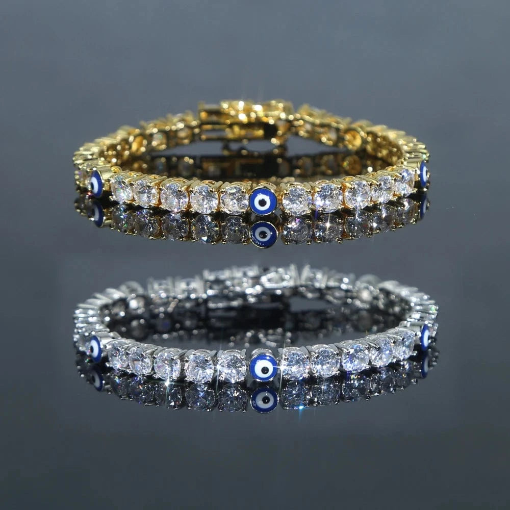 2023 top quality jewelry bling iced out micro pave cz evil eye round diamond tennis chain women bracelet