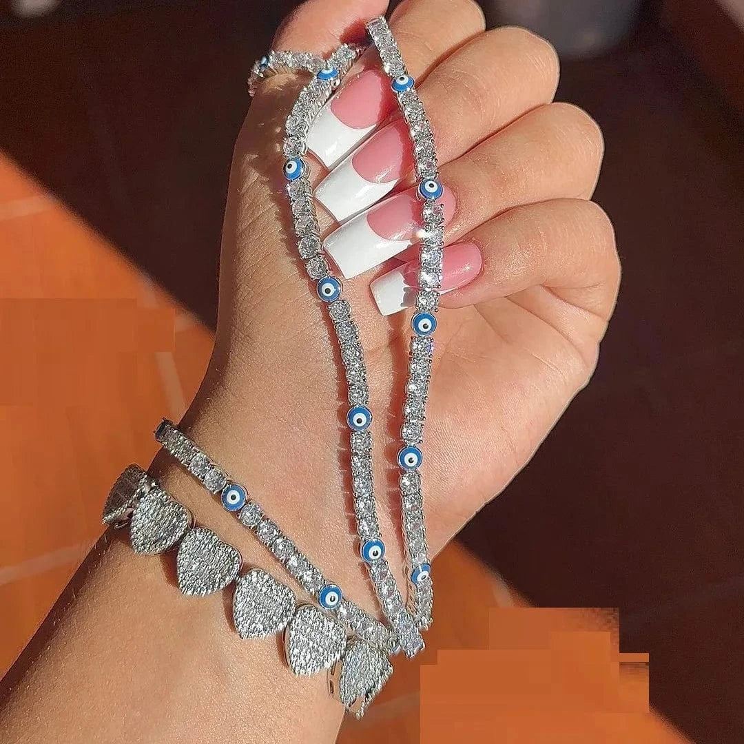 2023 top quality jewelry bling iced out micro pave cz evil eye round diamond tennis chain women bracelet