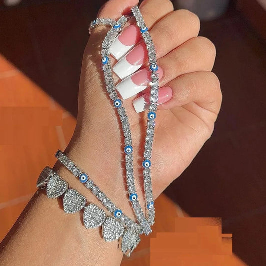 2023 top quality jewelry bling iced out micro pave cz evil eye round diamond tennis chain women bracelet