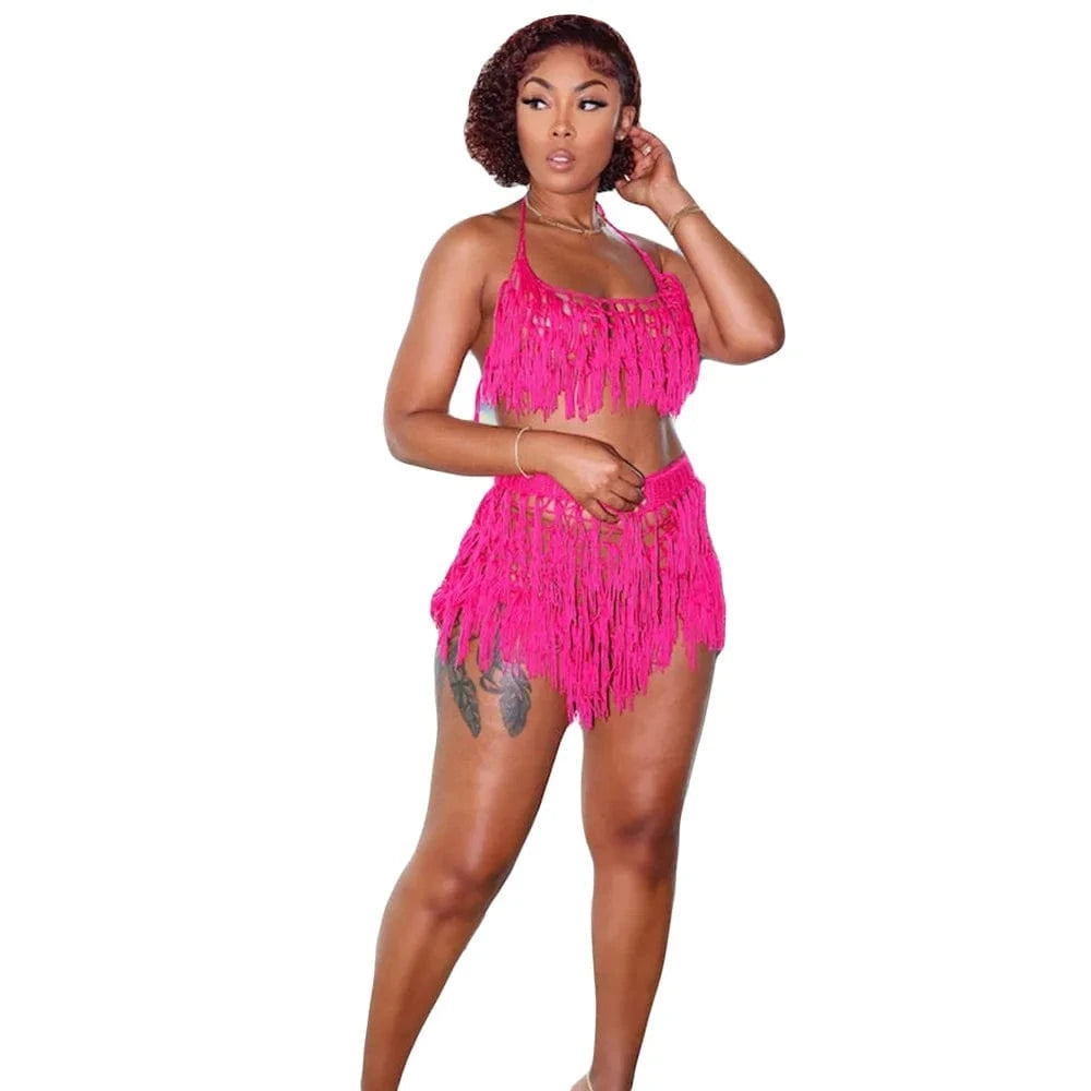 2023 Women s Sets Crochet 2 Piece Shorts Set Casual Ladies Hollow out Crop Top Two Piece set  Women Swimwear&Beachwear