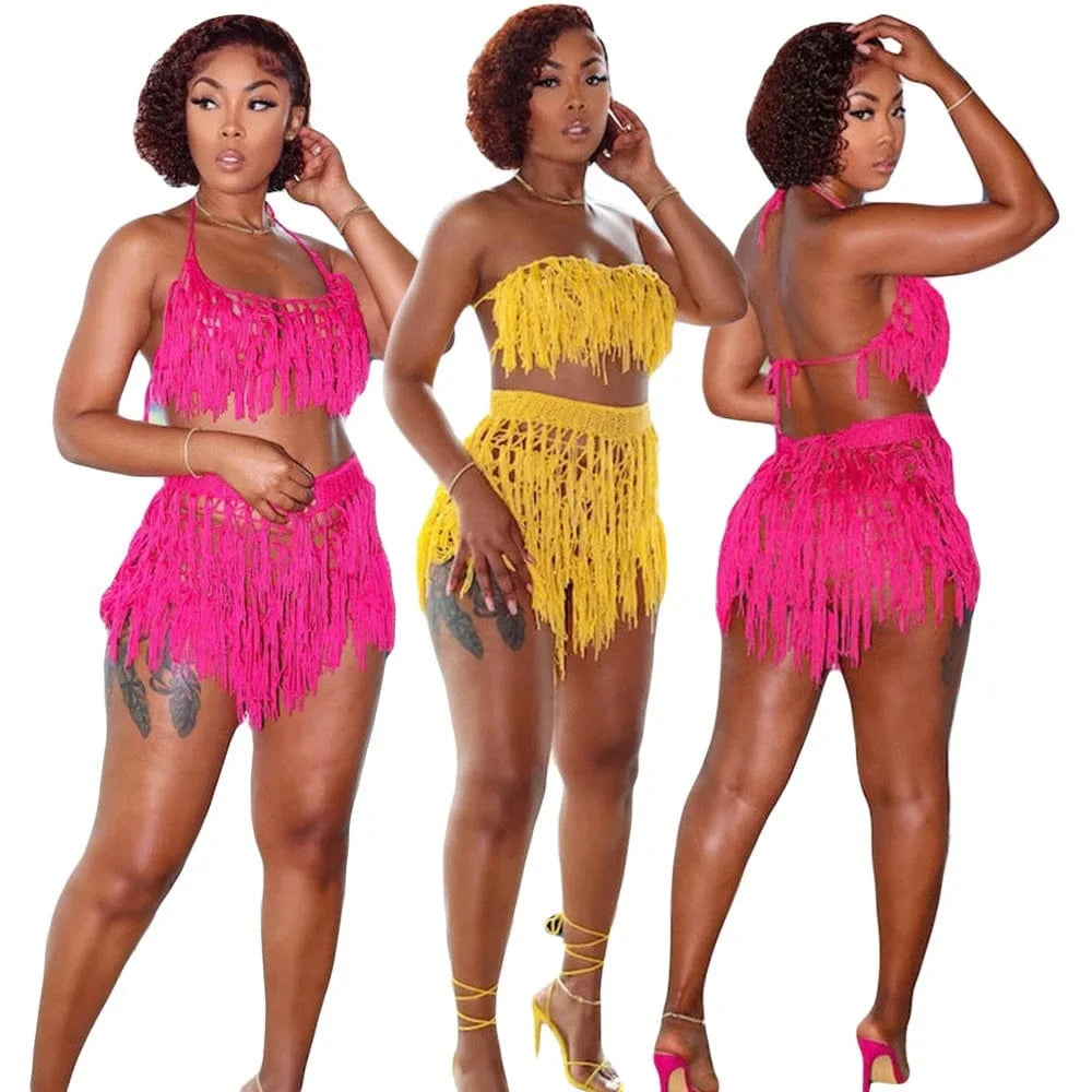 2023 Women s Sets Crochet 2 Piece Shorts Set Casual Ladies Hollow out Crop Top Two Piece set  Women Swimwear&Beachwear