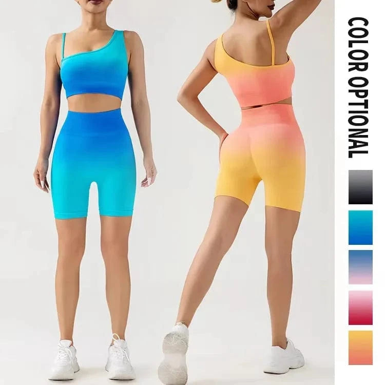 2024 2 Pcs Seamless Gradient Yoga Suit Workout Sports Bra + High Waist Shorts Gym Sport Set Fashion Shorts Sets Female