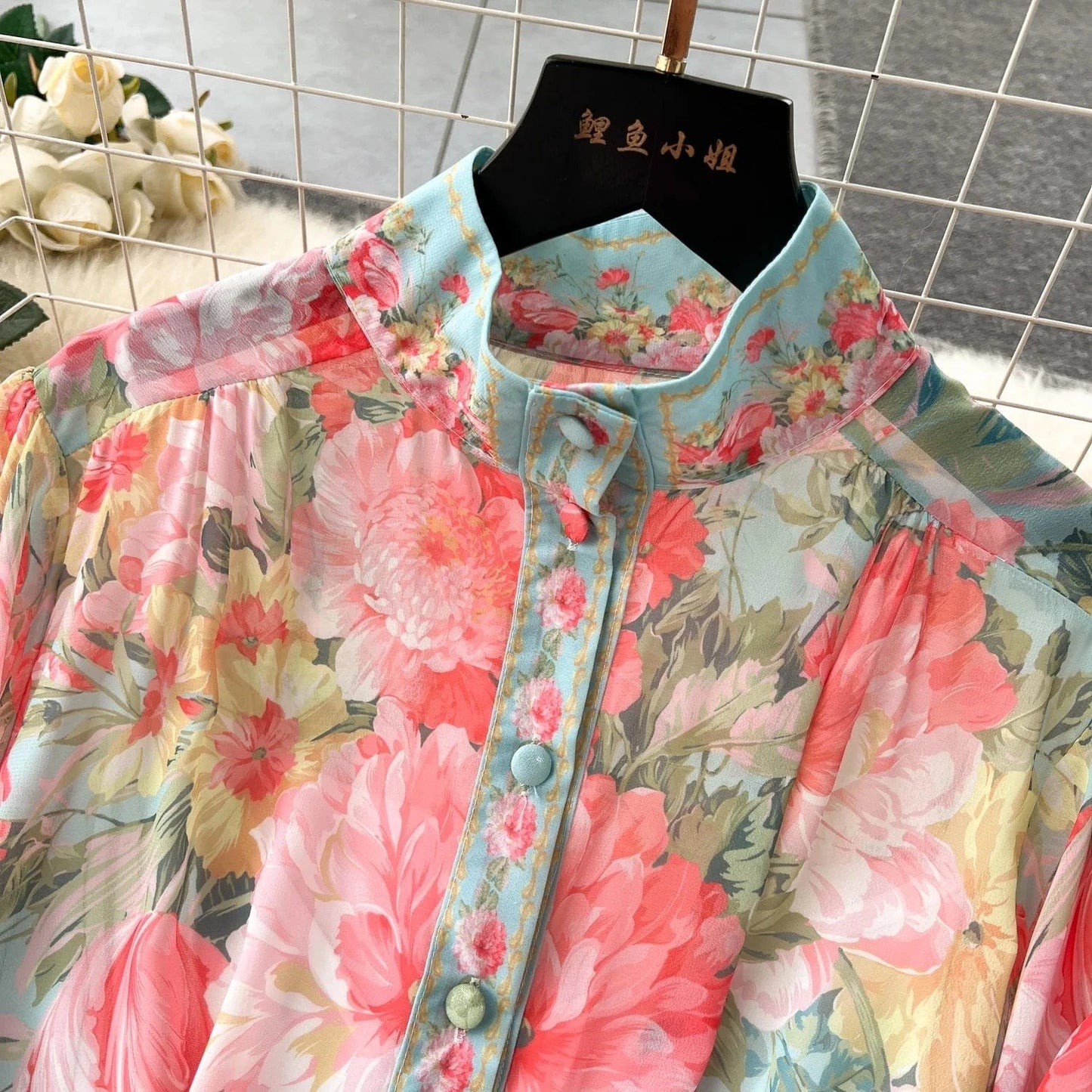 2024 Advanced Luxury Socialite Lantern Long Sleeve Stand Collar Belted Slimming A-line Flower Printed Dress
