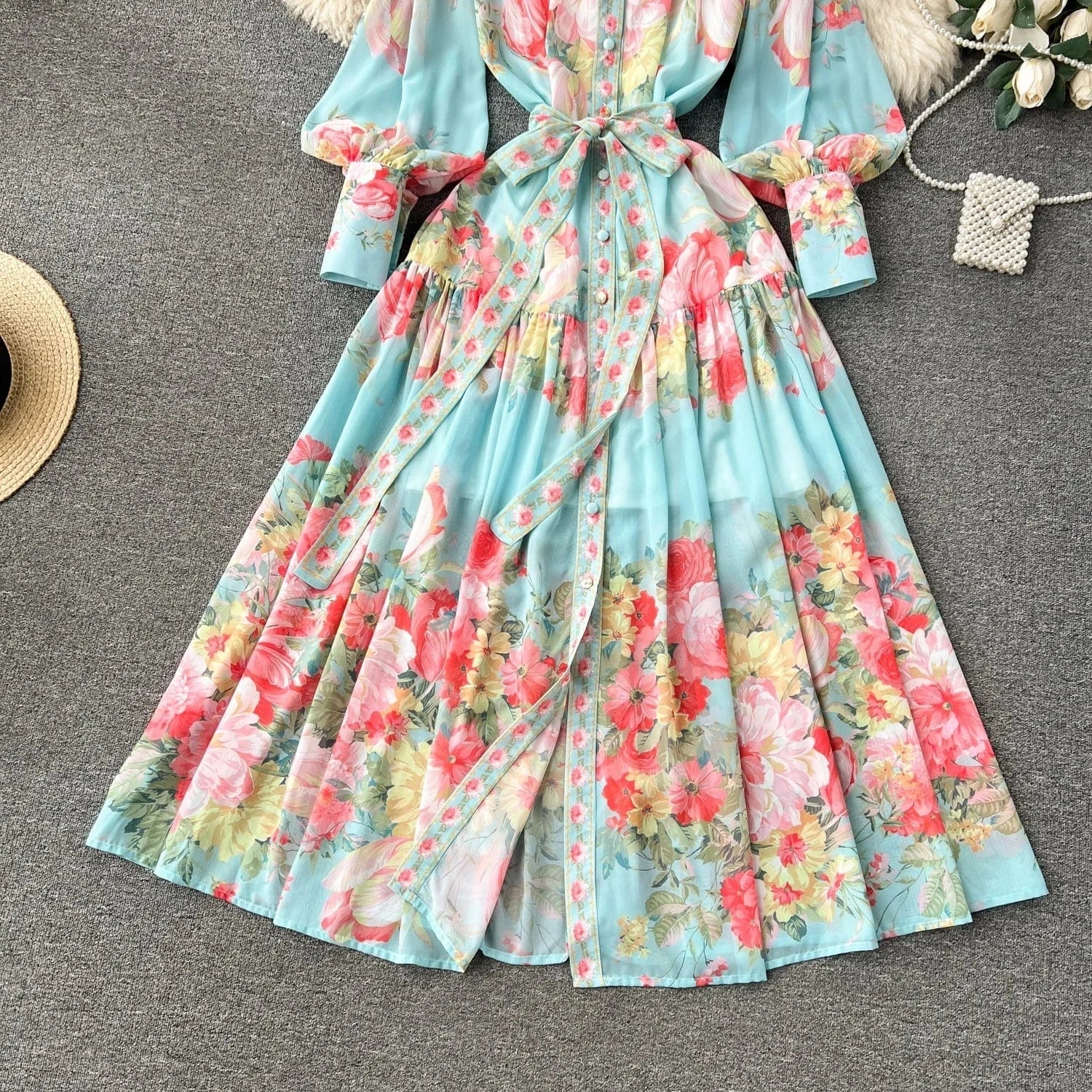 2024 Advanced Luxury Socialite Lantern Long Sleeve Stand Collar Belted Slimming A-line Flower Printed Dress