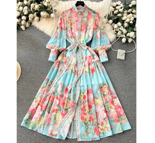 2024 Advanced Luxury Socialite Lantern Long Sleeve Stand Collar Belted Slimming A-line Flower Printed Dress