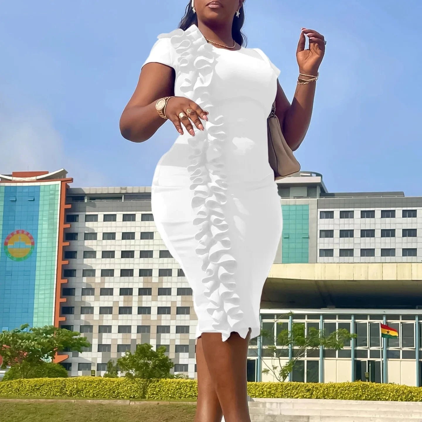 2024 African Design Popular Casual Dresses Women Elegant Solid Color Front Ruffles Formal Church Office Ladies Dress for Work