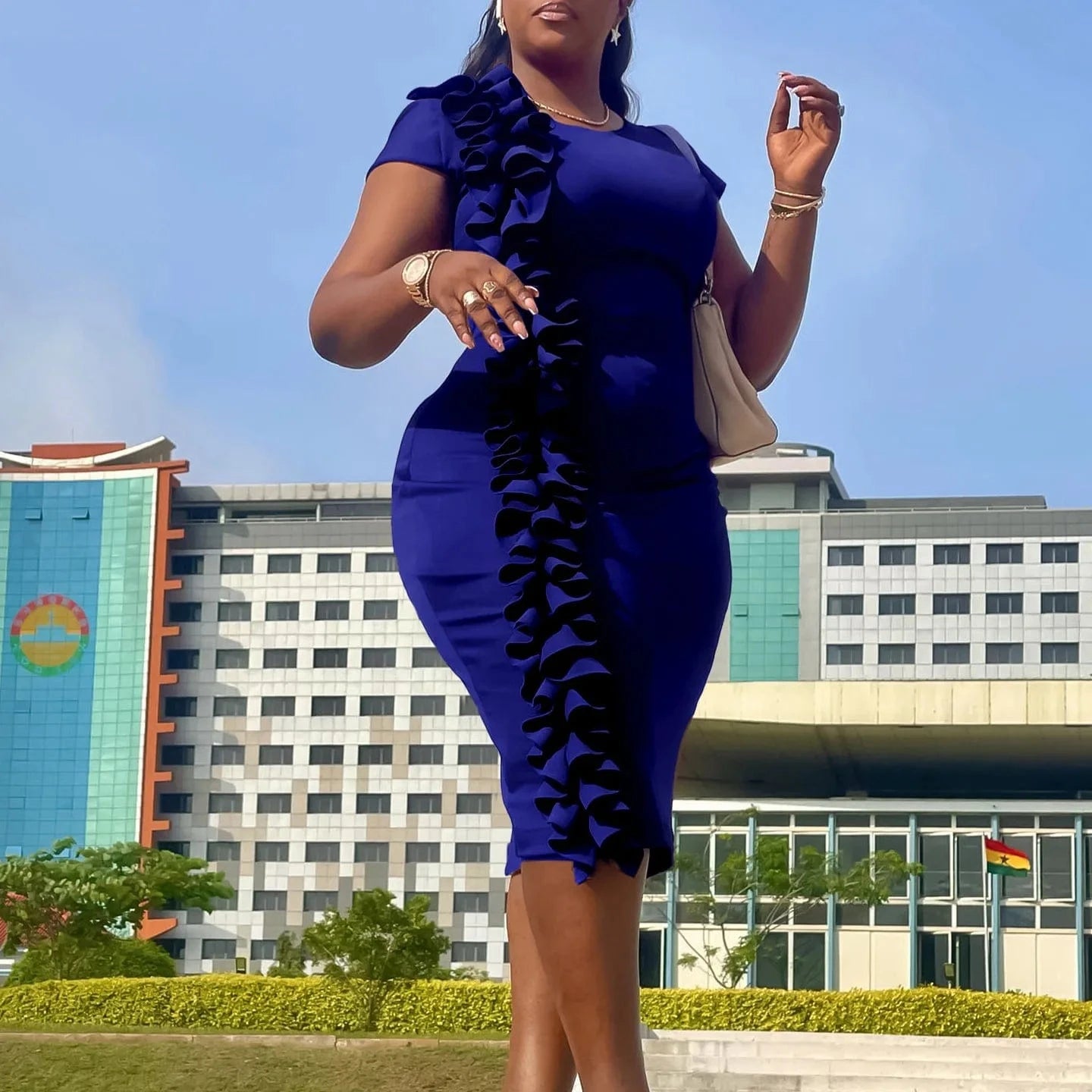 2024 African Design Popular Casual Dresses Women Elegant Solid Color Front Ruffles Formal Church Office Ladies Dress for Work