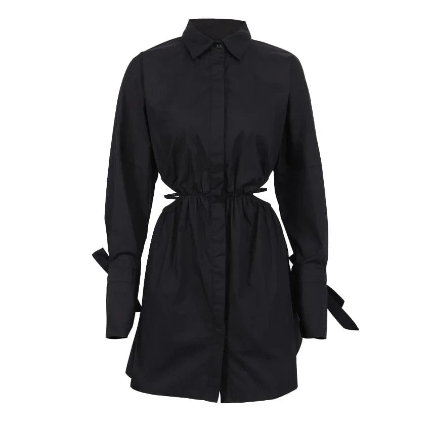 2024 All Day Fashion Office Dresses Elegant Casual Cut-Out Waist Long Sleeve Shirt Women Cotton Black Dress