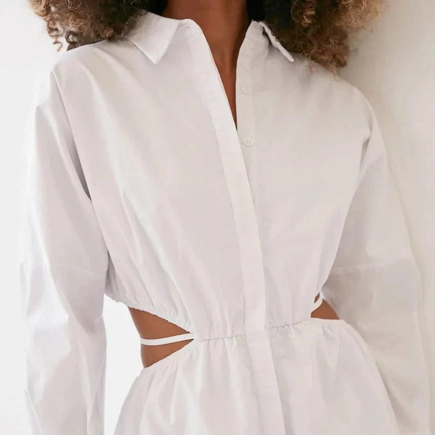 2024 All Day Fashion Office Dresses Elegant Casual Cut-Out Waist Long Sleeve Shirt Women Cotton Black Dress