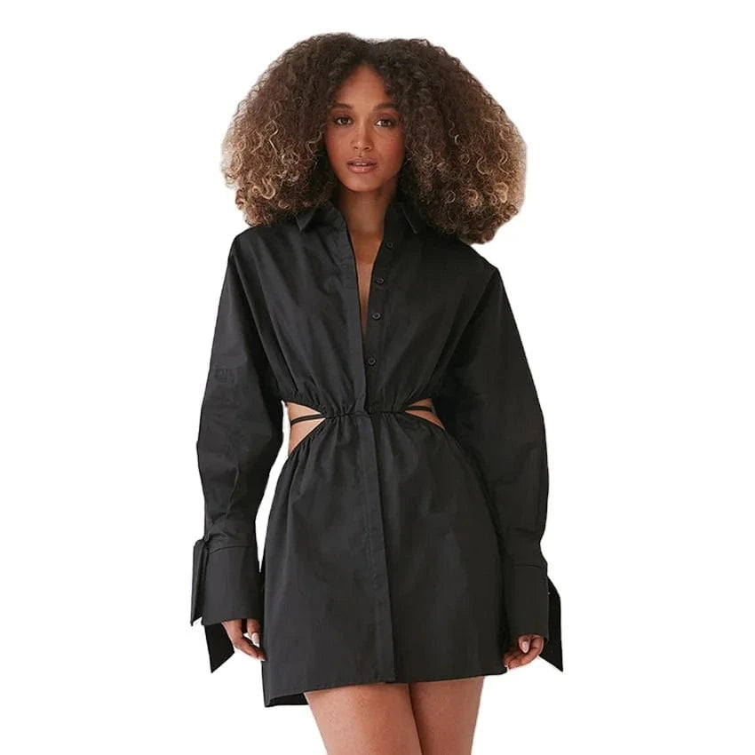 2024 All Day Fashion Office Dresses Elegant Casual Cut-Out Waist Long Sleeve Shirt Women Cotton Black Dress