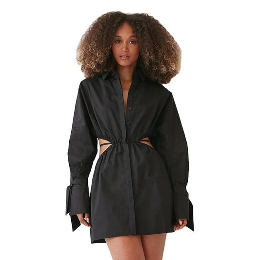 2024 All Day Fashion Office Dresses Elegant Casual Cut-Out Waist Long Sleeve Shirt Women Cotton Black Dress