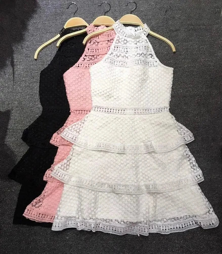 2024 arrivals high quality rayon women party wear sexy sleeveless high neck A-line multi-layer mini lace bandagedress dress