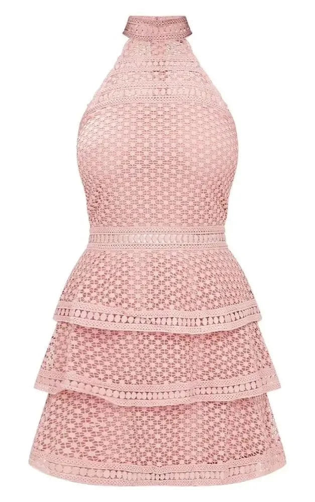 2024 arrivals high quality rayon women party wear sexy sleeveless high neck A-line multi-layer mini lace bandagedress dress