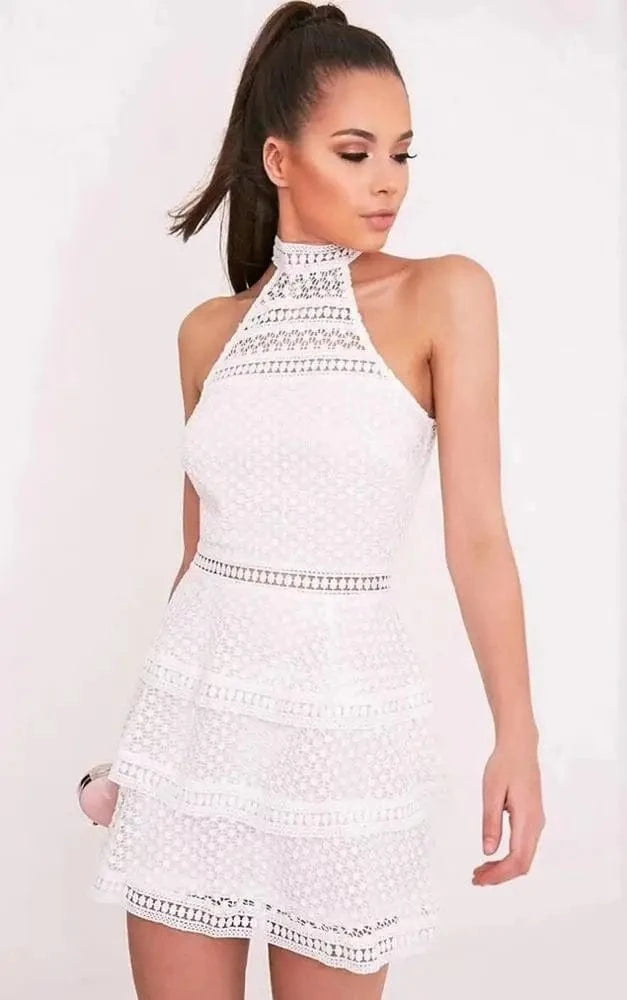 2024 arrivals high quality rayon women party wear sexy sleeveless high neck A-line multi-layer mini lace bandagedress dress