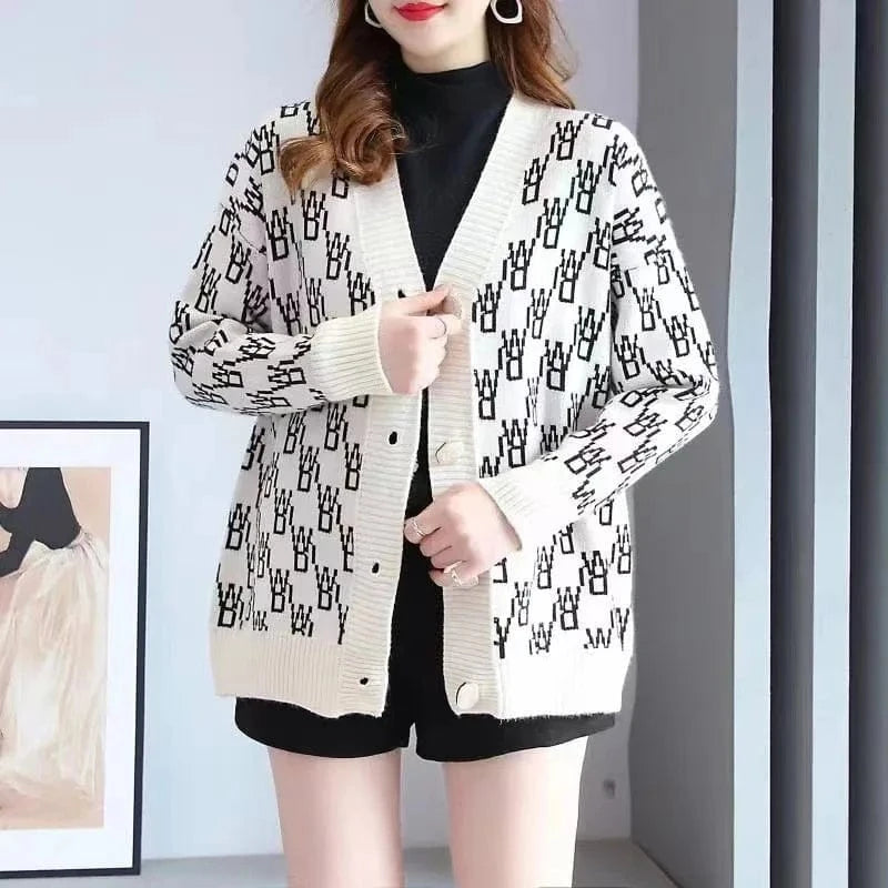 2024 autumn and winter new best-selling high quality fashion women's V-neck long sleeve loose plaid knit sweater cardigan