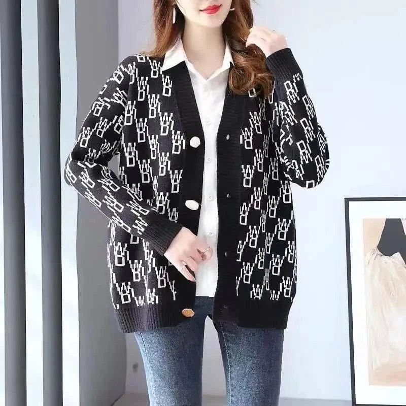 2024 autumn and winter new best-selling high quality fashion women's V-neck long sleeve loose plaid knit sweater cardigan