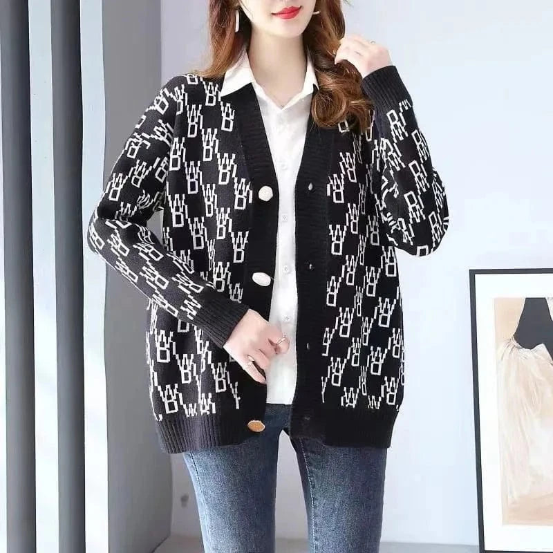 2024 autumn and winter new best-selling high quality fashion women's V-neck long sleeve loose plaid knit sweater cardigan