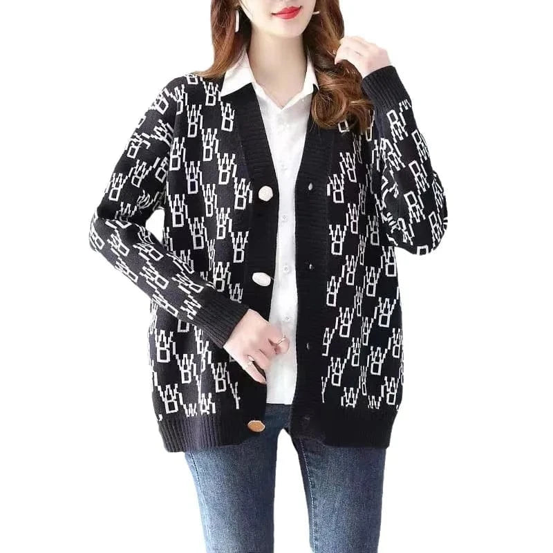 2024 autumn and winter new best-selling high quality fashion women's V-neck long sleeve loose plaid knit sweater cardigan