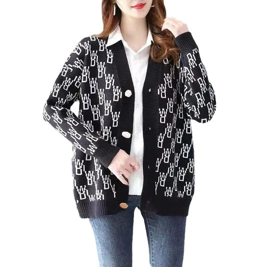 2024 autumn and winter new best-selling high quality fashion women's V-neck long sleeve loose plaid knit sweater cardigan