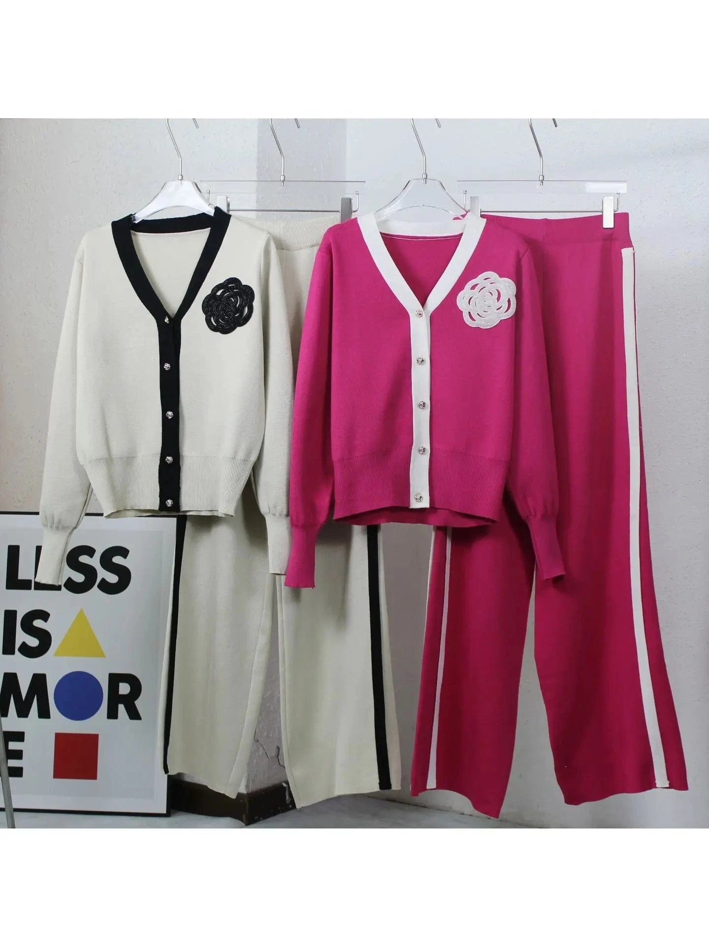 2024 Autumn And Winter New Sweater Set V-neck Long-sleeved Cardigan Top Loose Wide-leg Pants Two-piece Set