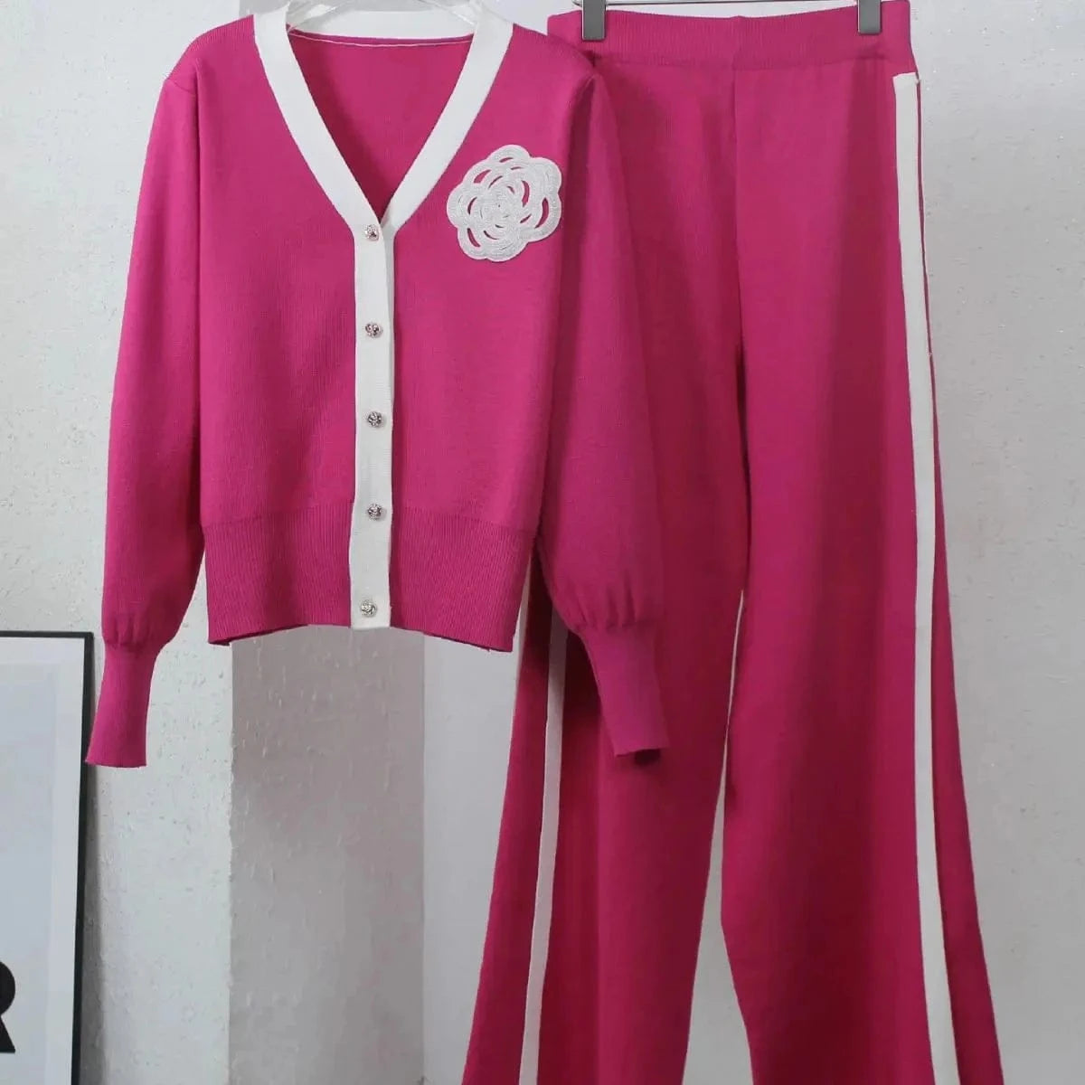 2024 Autumn And Winter New Sweater Set V-neck Long-sleeved Cardigan Top Loose Wide-leg Pants Two-piece Set