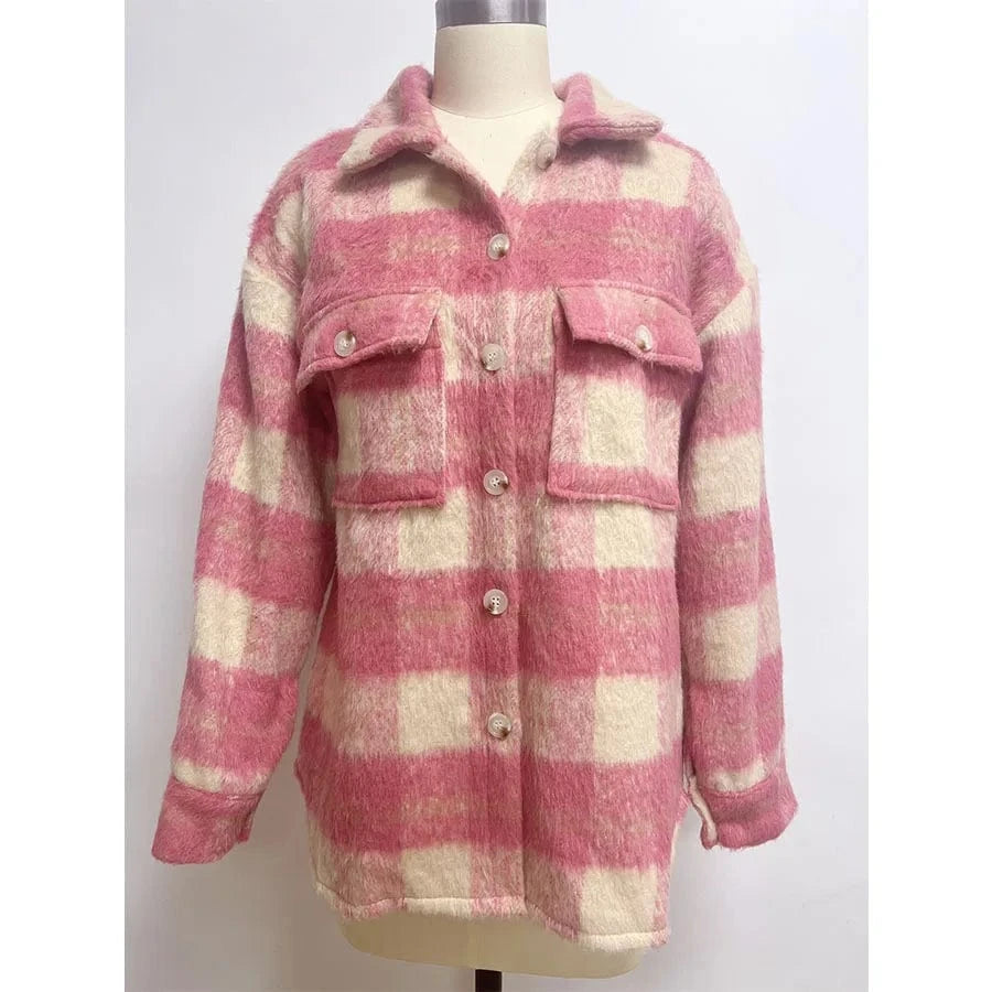 2024 Autumn and Winter New Women's Clothing Europe and the United States Trend Checkered Mohair Coat Wool Thick Coat
