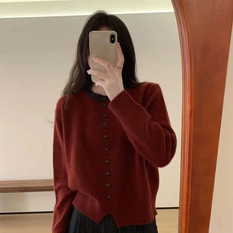2024 autumn best-selling new arrival crew-neck solid color button design loose long-sleeved fashion women's knitted sweater