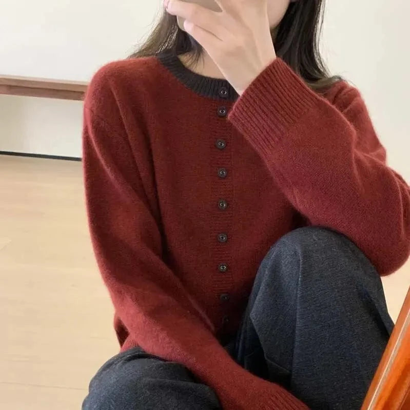 2024 autumn best-selling new arrival crew-neck solid color button design loose long-sleeved fashion women's knitted sweater