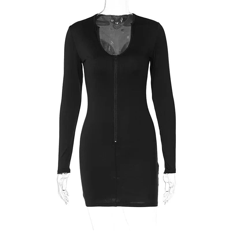 2024 Autumn Fashion Women's Chest Zipper Deep V-Neck Long Sleeved Sexy Short Tight Mini Dress