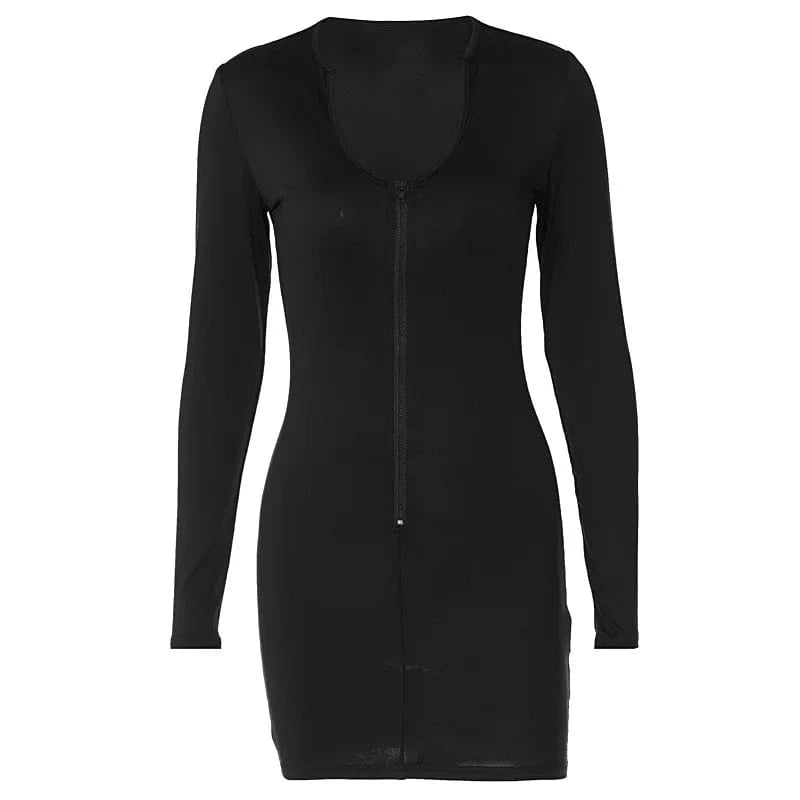 2024 Autumn Fashion Women's Chest Zipper Deep V-Neck Long Sleeved Sexy Short Tight Mini Dress