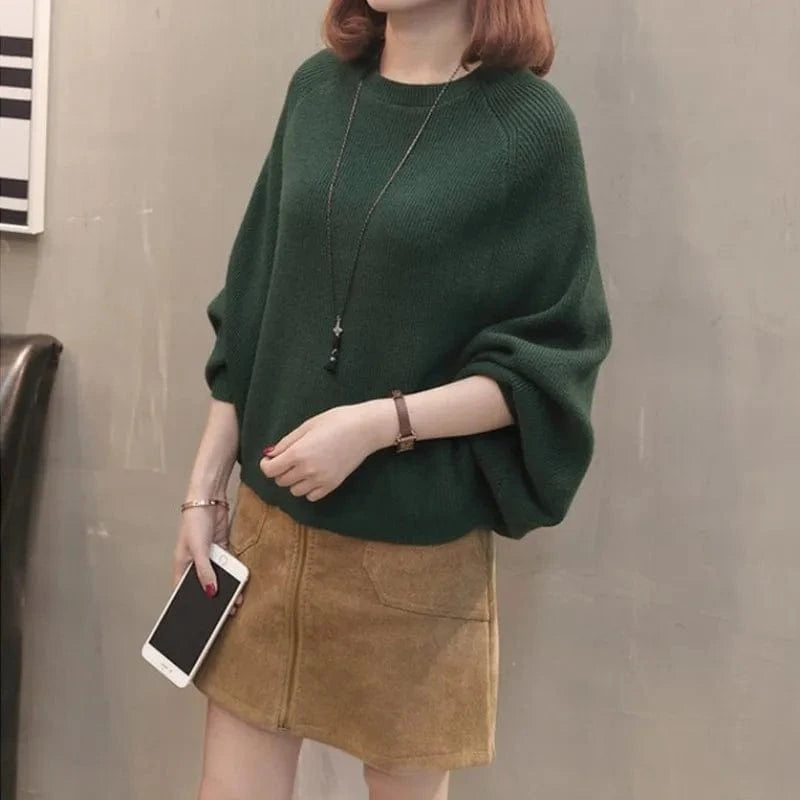 2024 Autumn high-quality best-selling Bat-sleeved round neck loose solid color fashion women's knit sweater