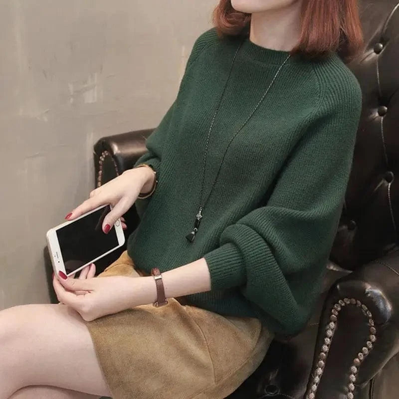 2024 Autumn high-quality best-selling Bat-sleeved round neck loose solid color fashion women's knit sweater