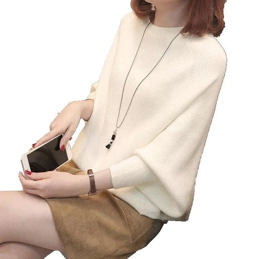2024 Autumn high-quality best-selling Bat-sleeved round neck loose solid color fashion women's knit sweater