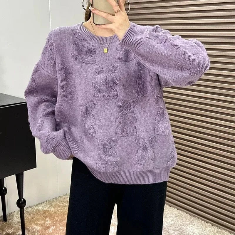 2024 autumn high-quality best-selling crew-neck long-sleeved loose solid color rabbit jacquard knitted pullover sweater