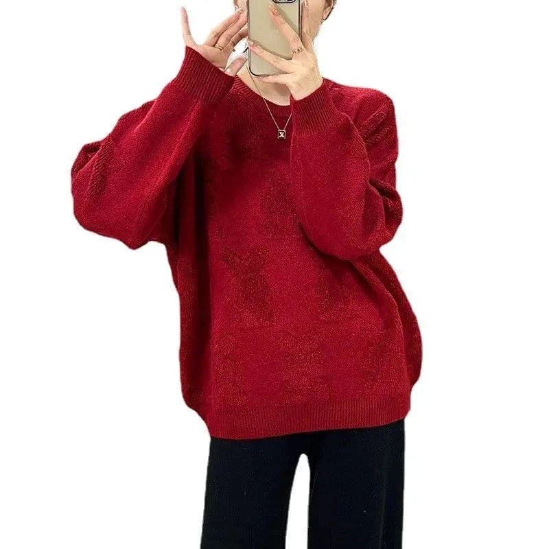 2024 autumn high-quality best-selling crew-neck long-sleeved loose solid color rabbit jacquard knitted pullover sweater