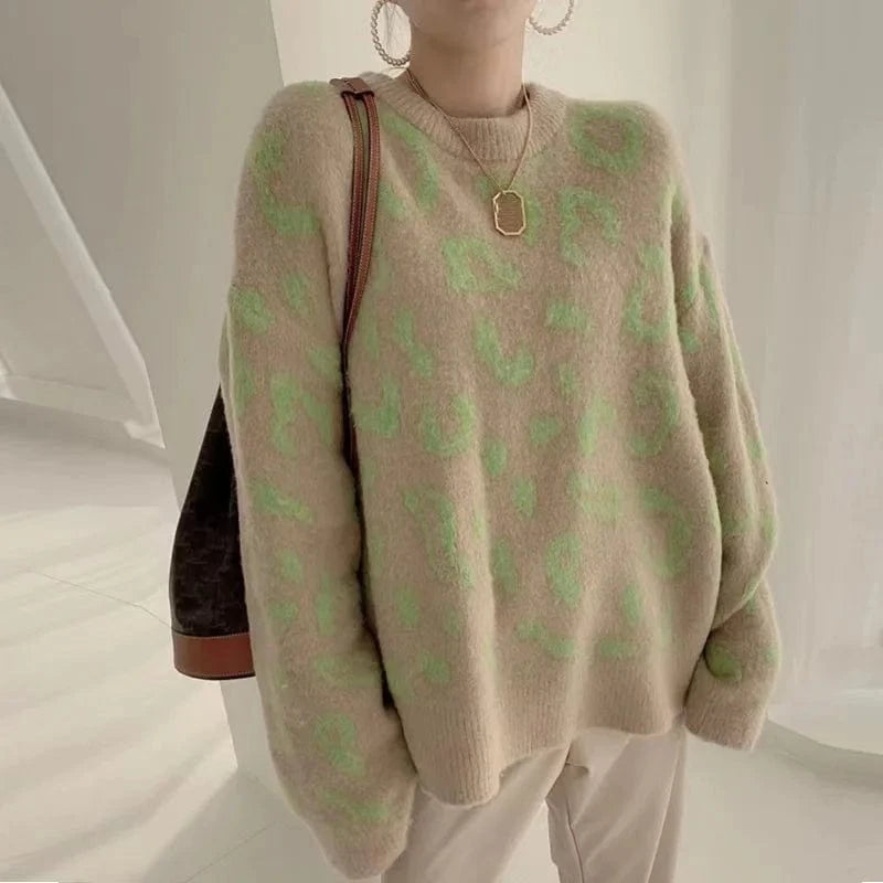 2024 Autumn high-quality best-selling fashion women's crew-neck striped long-sleeve leopard jacquard knit sweater