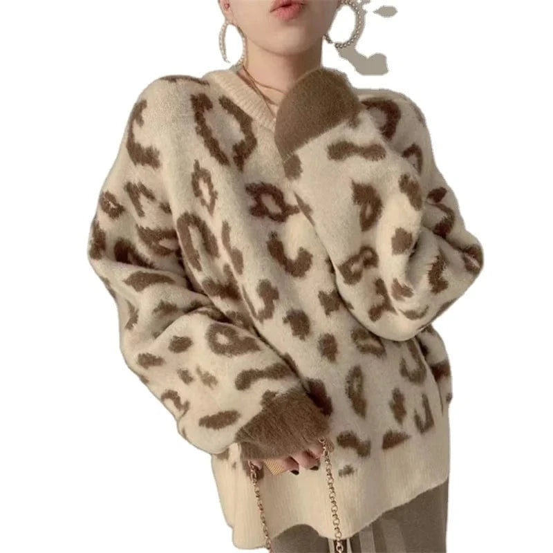 2024 Autumn high-quality best-selling fashion women's crew-neck striped long-sleeve leopard jacquard knit sweater